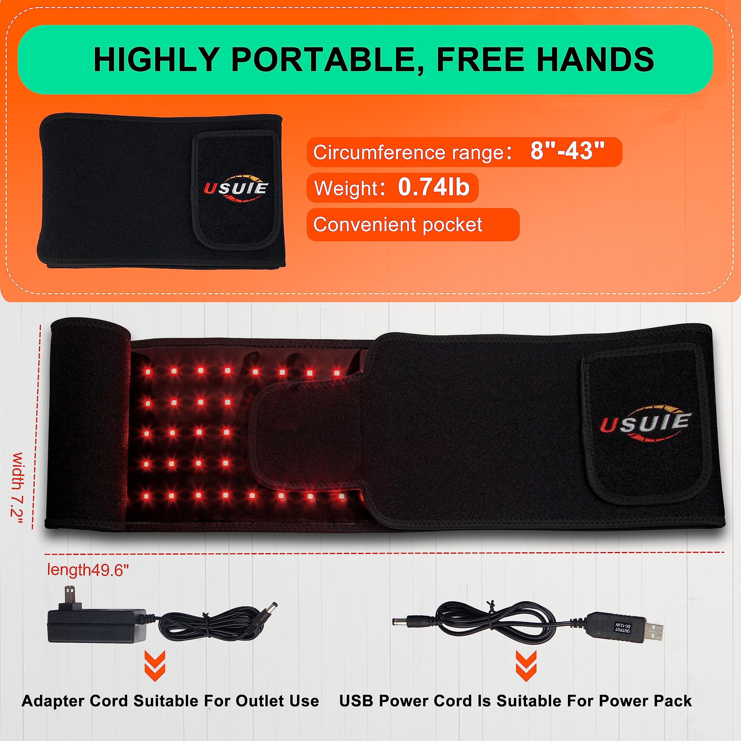 USUIE Red Light Therapy Belt with Timer for Back Shoulder Waist Muscle Pain Relief with 10000 mAh Power Bank