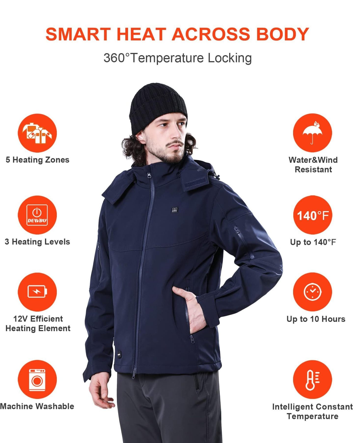 DEWBU Soft Shell Heated Jacket for Men with 12V Battery Pack and Detachable Hood Outdoor Electric Heating Coat, L