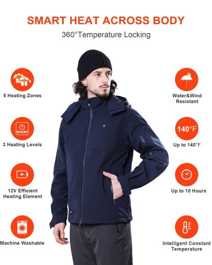 DEWBU Soft Shell Heated Jacket for Men with 12V Battery Pack and Detachable Hood Outdoor Electric Heating Coat, L