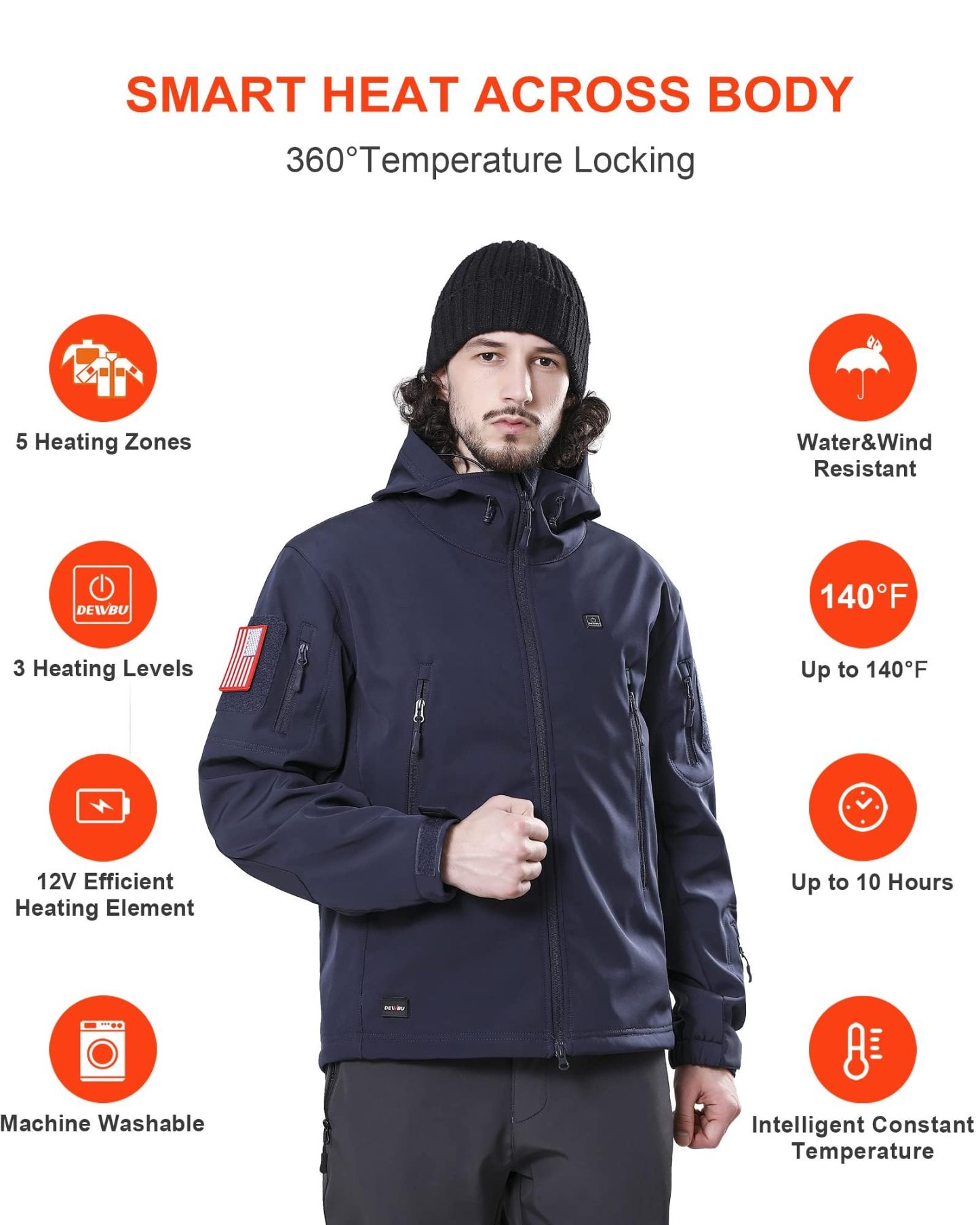 DEWBU Heated Jacket for Men with 12V Battery Pack Winter Outdoor Soft Shell Electric Heating Coat, XL
