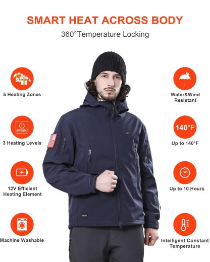 DEWBU Heated Jacket for Men with 12V Battery Pack Winter Outdoor Soft Shell Electric Heating Coat, XL