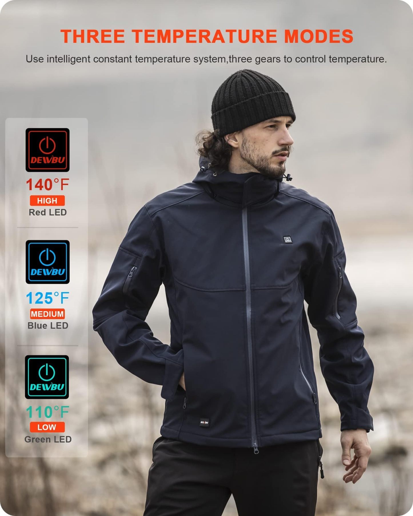 DEWBU Soft Shell Heated Jacket for Men with 12V Battery Pack and Detachable Hood Outdoor Electric Heating Coat, L