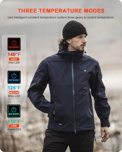 DEWBU Soft Shell Heated Jacket for Men with 12V Battery Pack and Detachable Hood Outdoor Electric Heating Coat, L