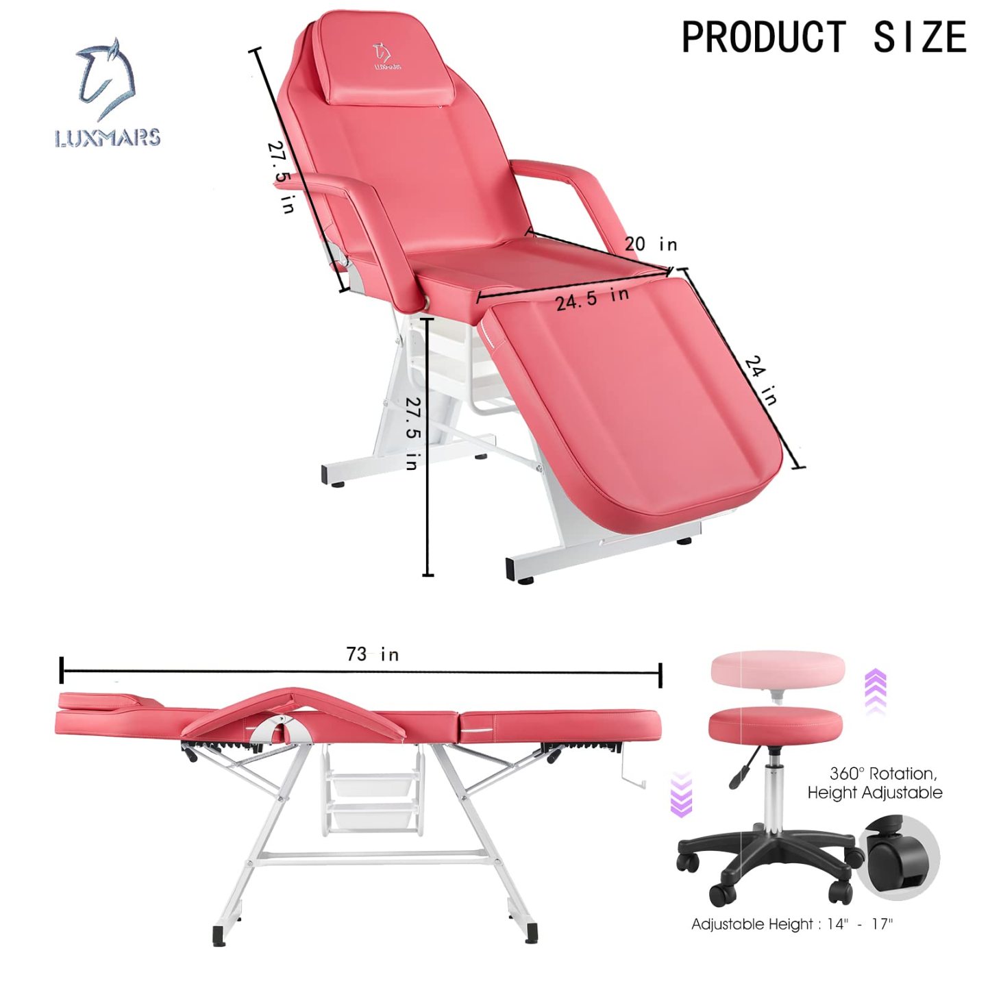 LUXMARS Facial Chair, Tattoo/Salon Bed with Hydraulic Stool for Professional Massage Facial Lash Beauty Treatment Spa