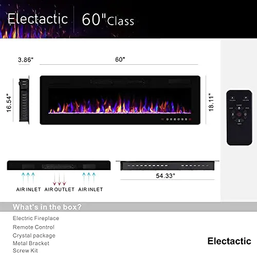 Electactic 60 inches Electric Fireplace Recessed and Wall Mounted, Fireplace Heater
