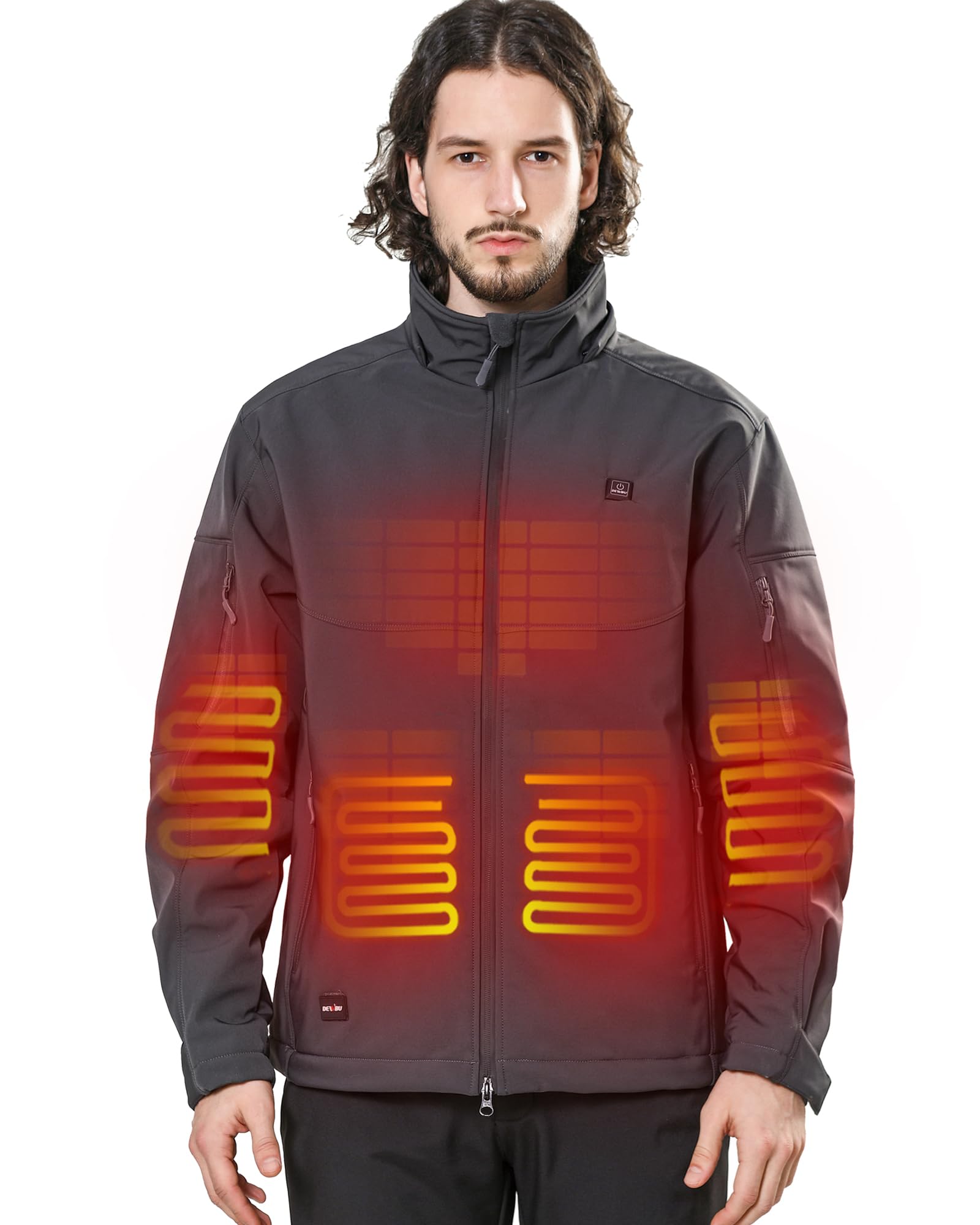 DEWBU Soft Shell Heated Jacket for Men with 12V Battery Pack and Detachable Hood Outdoor Electric Heating Coat, L