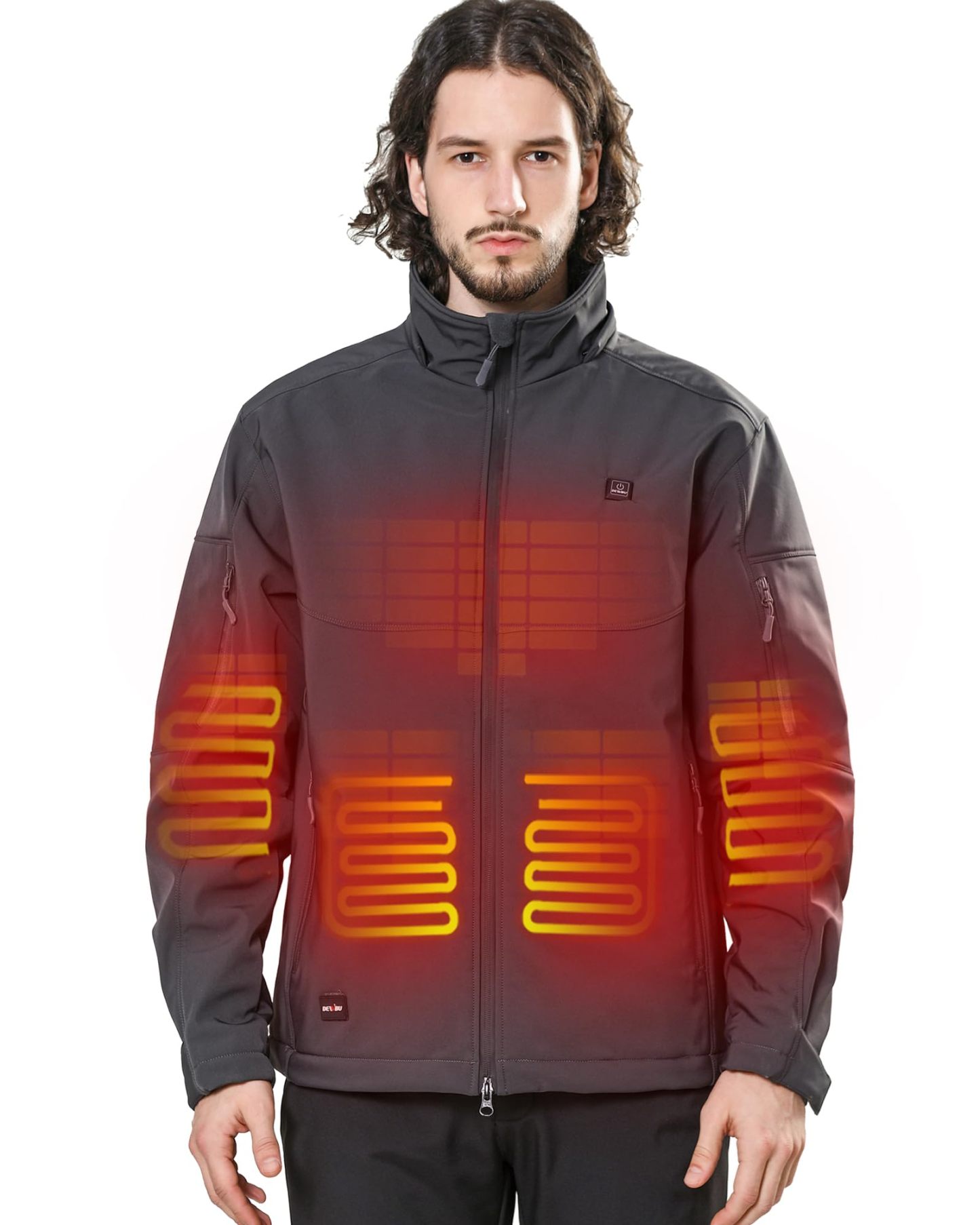 DEWBU Soft Shell Heated Jacket for Men with 12V Battery Pack and Detachable Hood Outdoor Electric Heating Coat, L