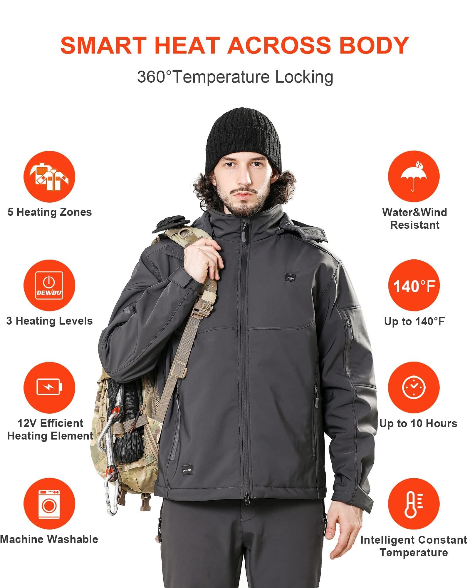 DEWBU Soft Shell Heated Jacket for Men with 12V Battery Pack and Detachable Hood Outdoor Electric Heating Coat, L