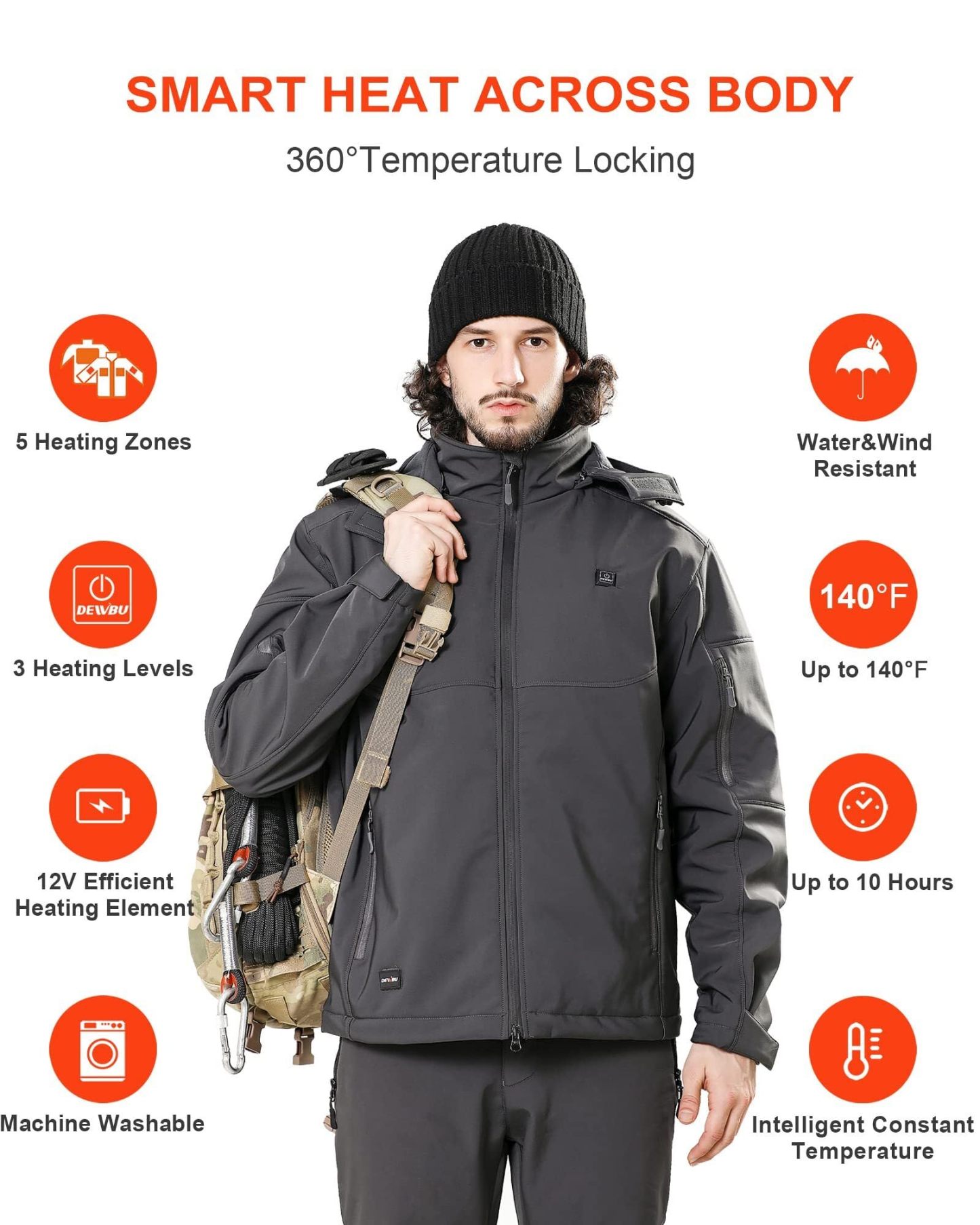 DEWBU Soft Shell Heated Jacket for Men with 12V Battery Pack and Detachable Hood Outdoor Electric Heating Coat, L
