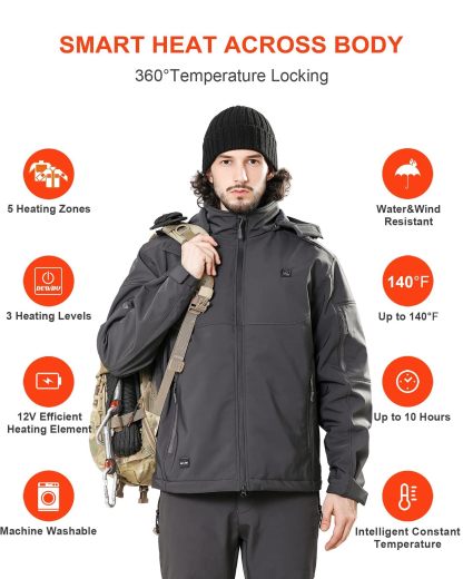 DEWBU Soft Shell Heated Jacket for Men with 12V Battery Pack and Detachable Hood Outdoor Electric Heating Coat, L