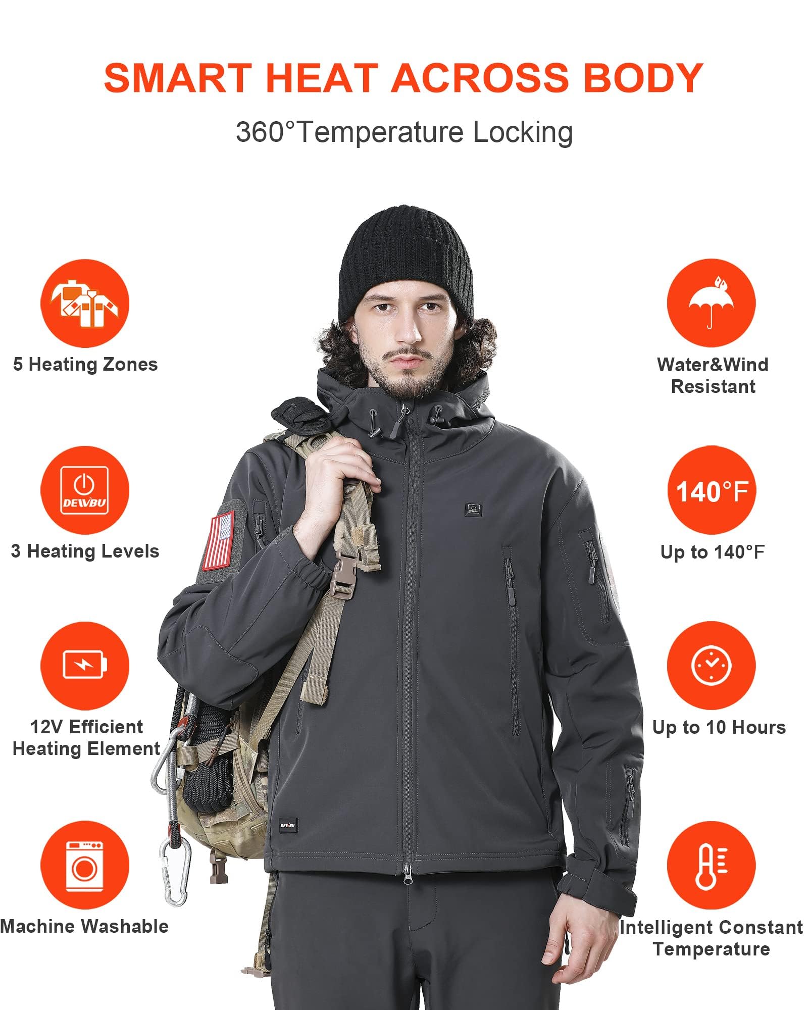 DEWBU Heated Jacket for Men with 12V Battery Pack Winter Outdoor Soft Shell Electric Heating Coat, XL