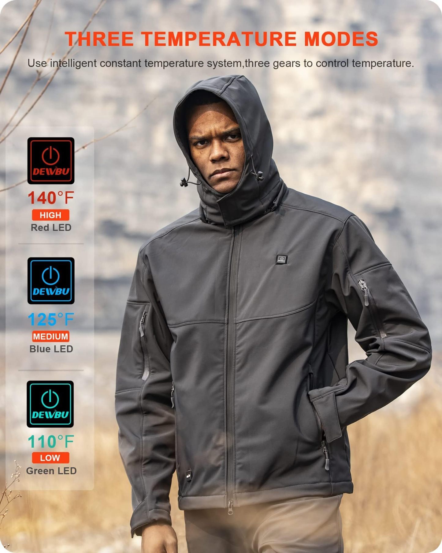 DEWBU Soft Shell Heated Jacket for Men with 12V Battery Pack and Detachable Hood Outdoor Electric Heating Coat, L