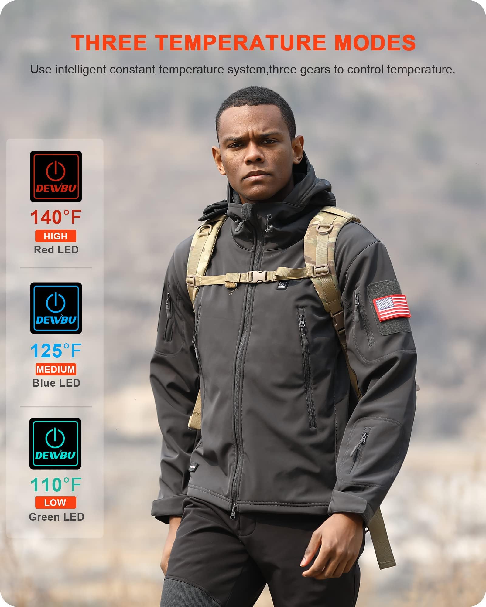 DEWBU Heated Jacket for Men with 12V Battery Pack Winter Outdoor Soft Shell Electric Heating Coat, XL