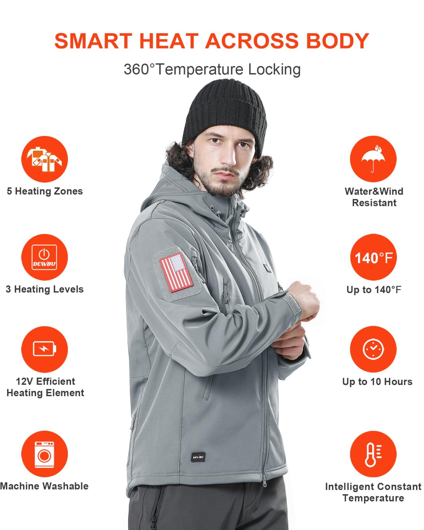 DEWBU Heated Jacket for Men with 12V Battery Pack Winter Outdoor Soft Shell Electric Heating Coat, XL
