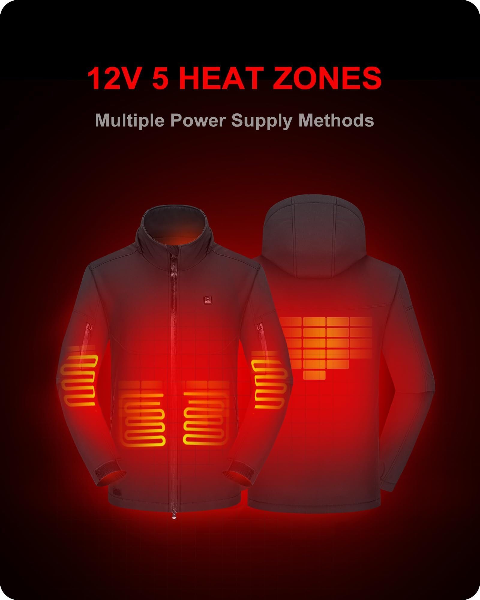 DEWBU Soft Shell Heated Jacket for Men with 12V Battery Pack and Detachable Hood Outdoor Electric Heating Coat, L