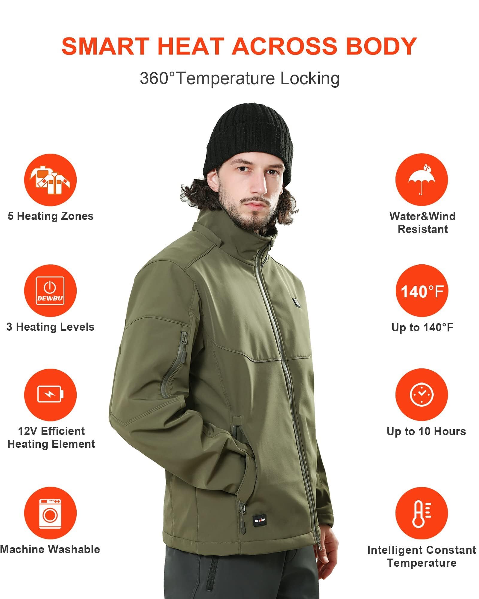 DEWBU Soft Shell Heated Jacket for Men with 12V Battery Pack and Detachable Hood Outdoor Electric Heating Coat, L