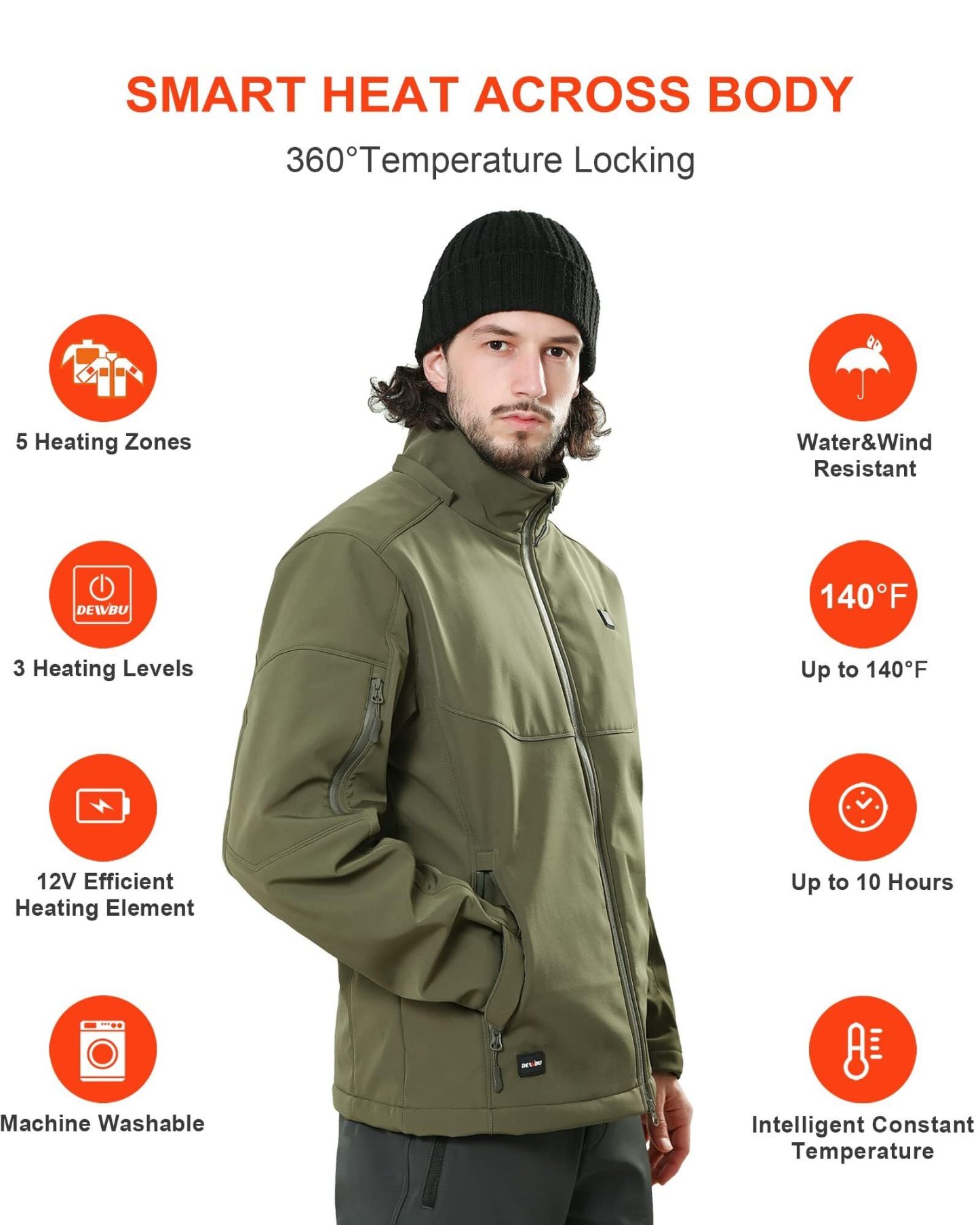 DEWBU Soft Shell Heated Jacket for Men with 12V Battery Pack and Detachable Hood Outdoor Electric Heating Coat, L