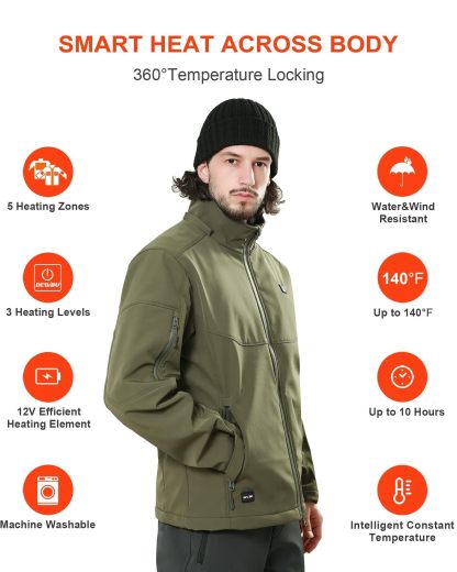 DEWBU Soft Shell Heated Jacket for Men with 12V Battery Pack and Detachable Hood Outdoor Electric Heating Coat, L