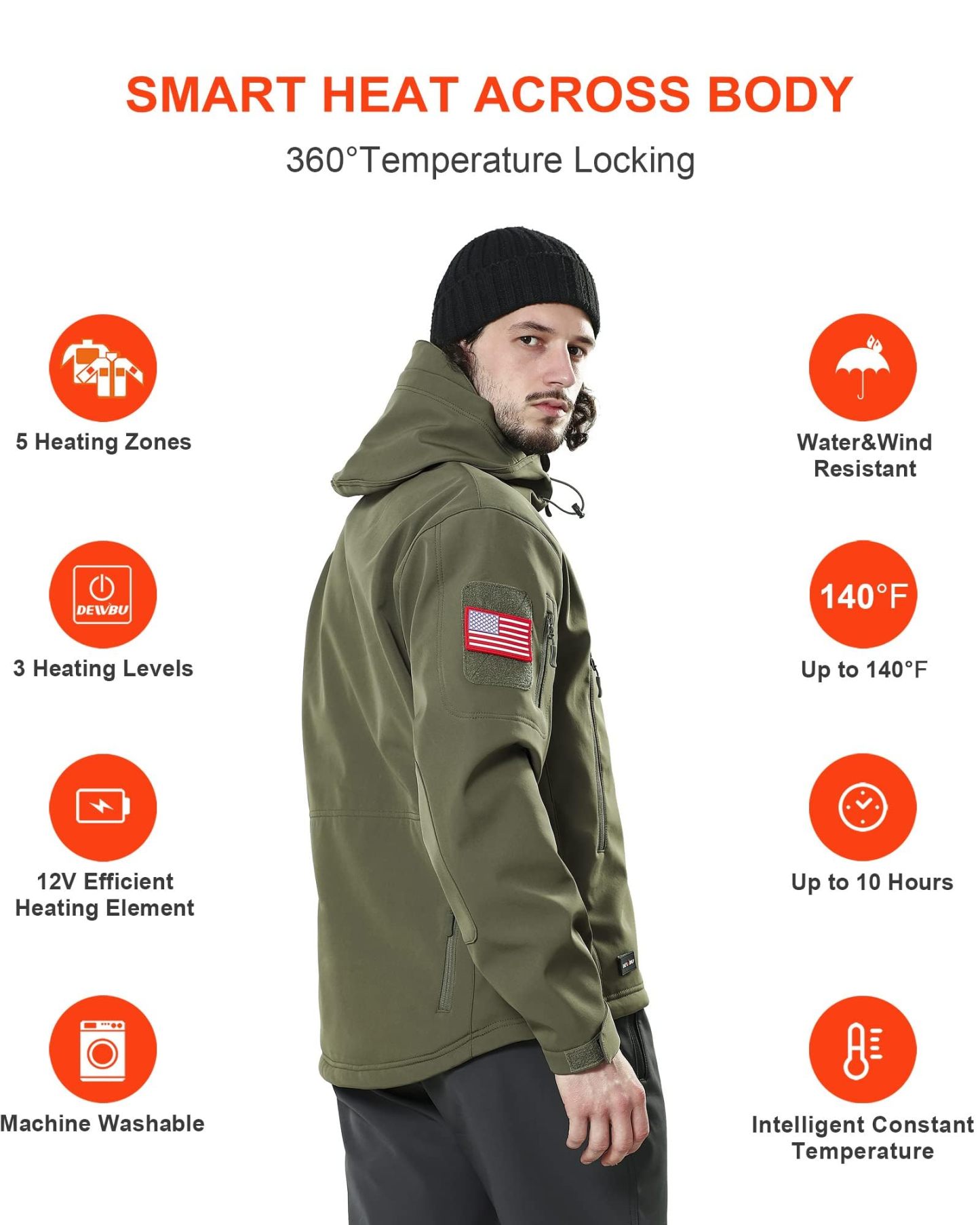 DEWBU Heated Jacket for Men with 12V Battery Pack Winter Outdoor Soft Shell Electric Heating Coat, XL