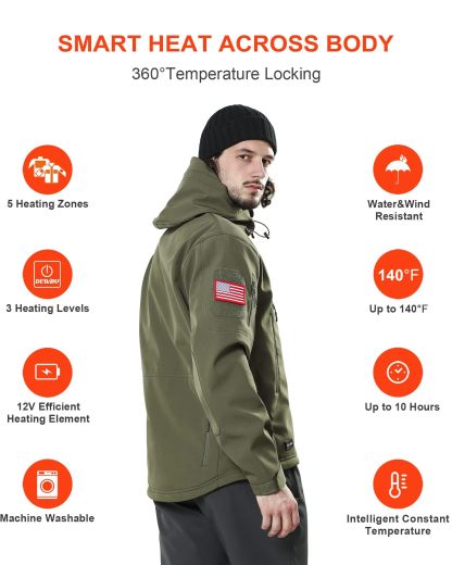 DEWBU Heated Jacket for Men with 12V Battery Pack Winter Outdoor Soft Shell Electric Heating Coat, XL