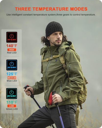 DEWBU Soft Shell Heated Jacket for Men with 12V Battery Pack and Detachable Hood Outdoor Electric Heating Coat, L