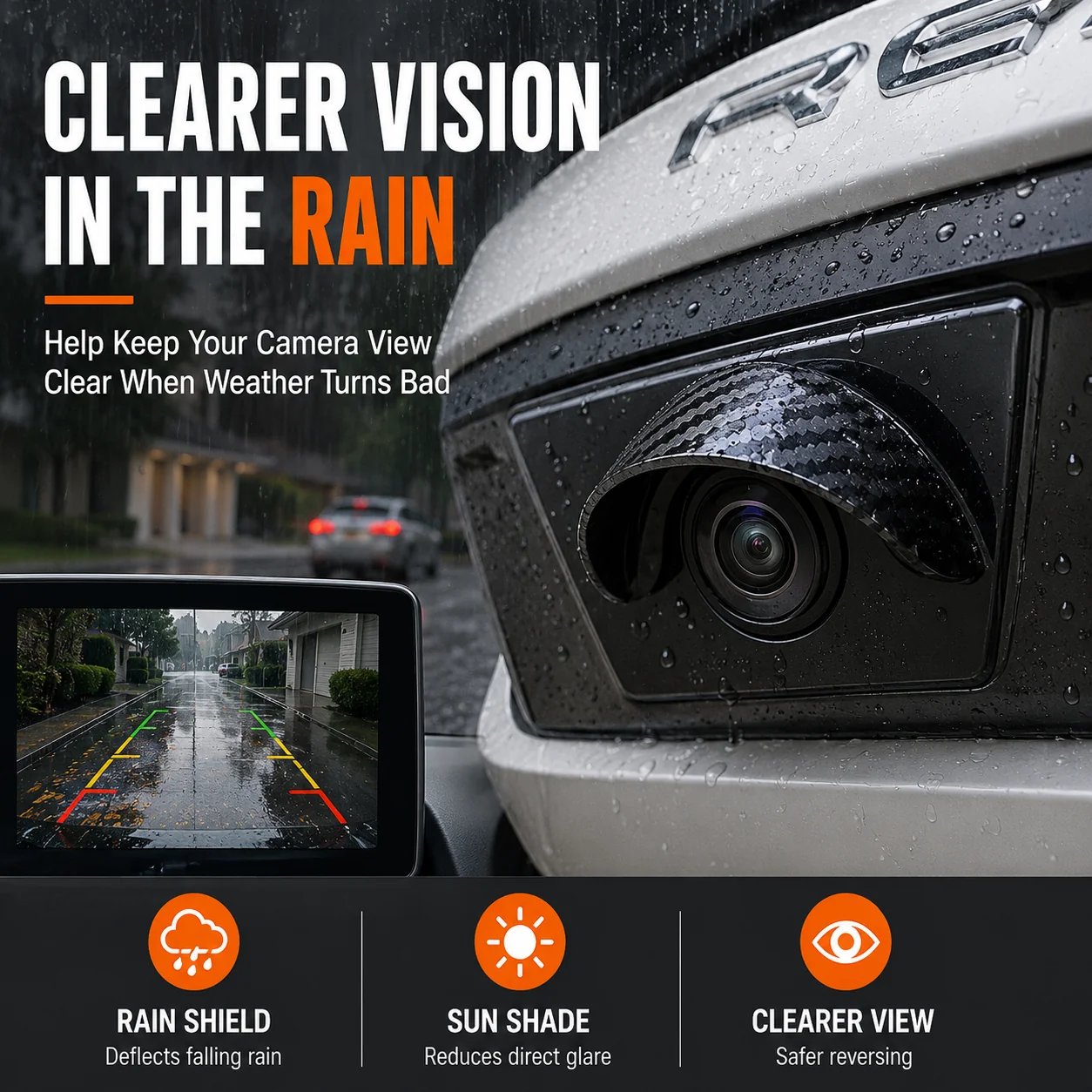 Car Backup Camera Rain Shield – Carbon Fiber Sun Visor, Protects Rear & Side Camera Lens from Rain & Glare