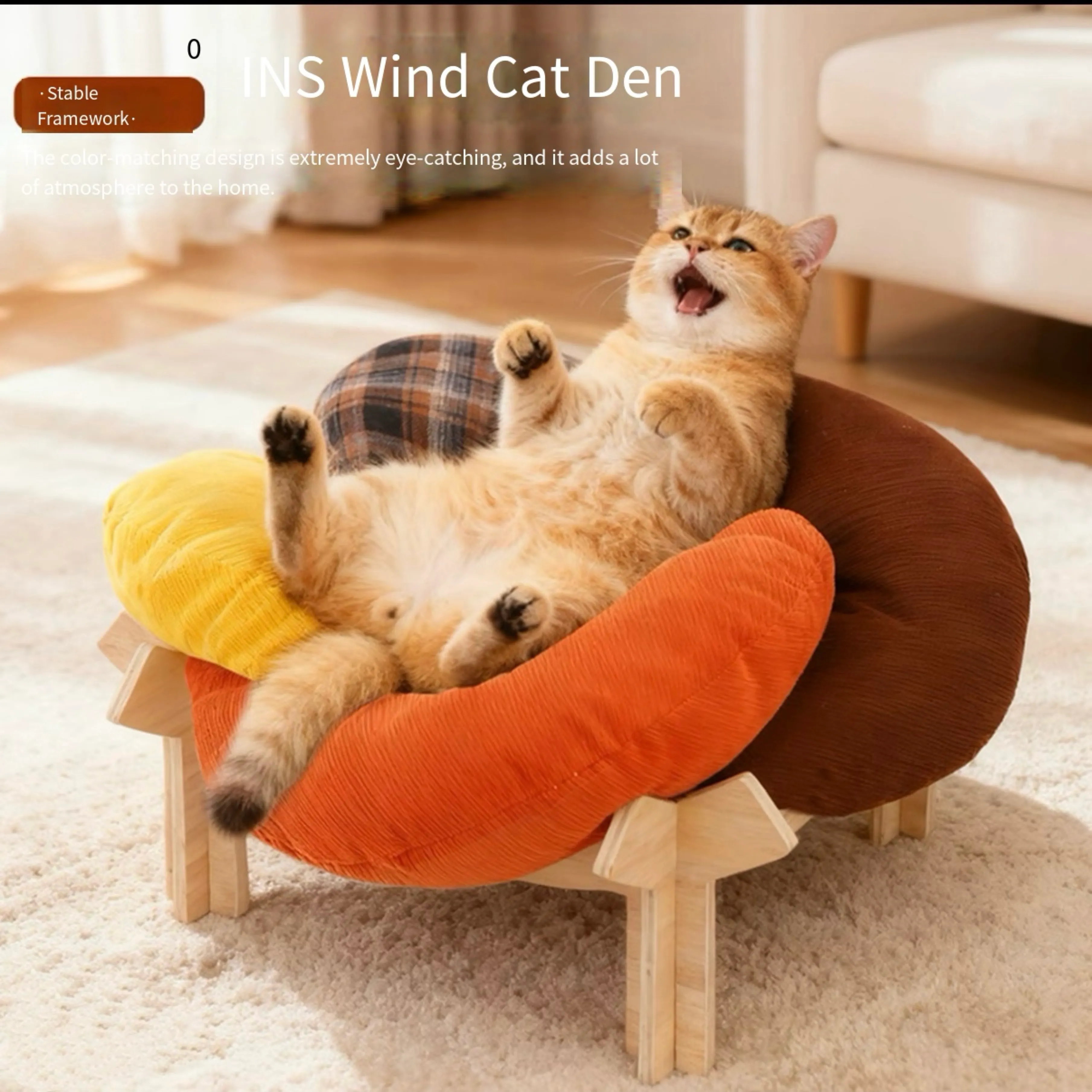 Modern Wooden Cat Bed with Soft Cushions – Stylish Flower Pet Lounge for Cats & Small Pets
