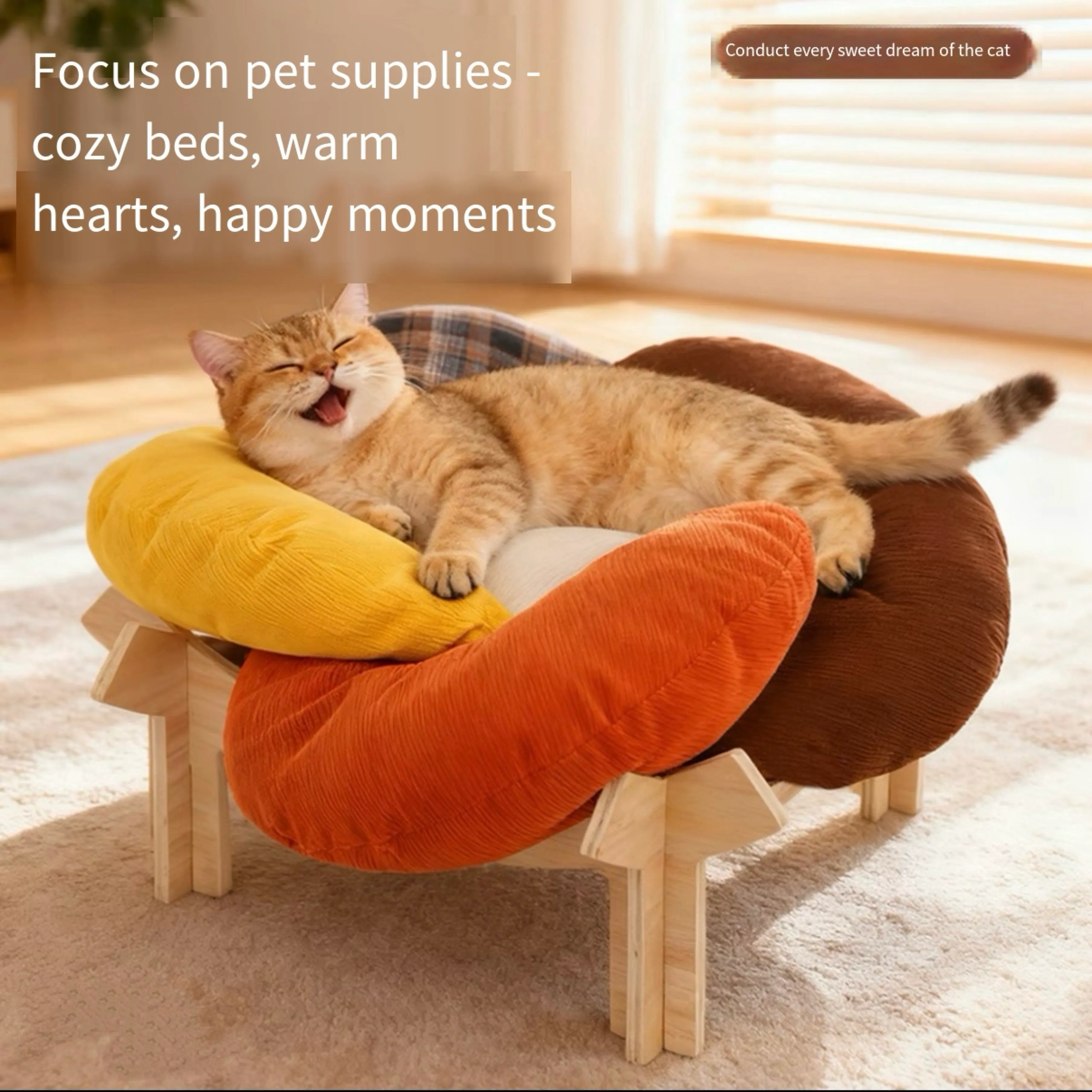 Modern Wooden Cat Bed with Soft Cushions – Stylish Flower Pet Lounge for Cats & Small Pets