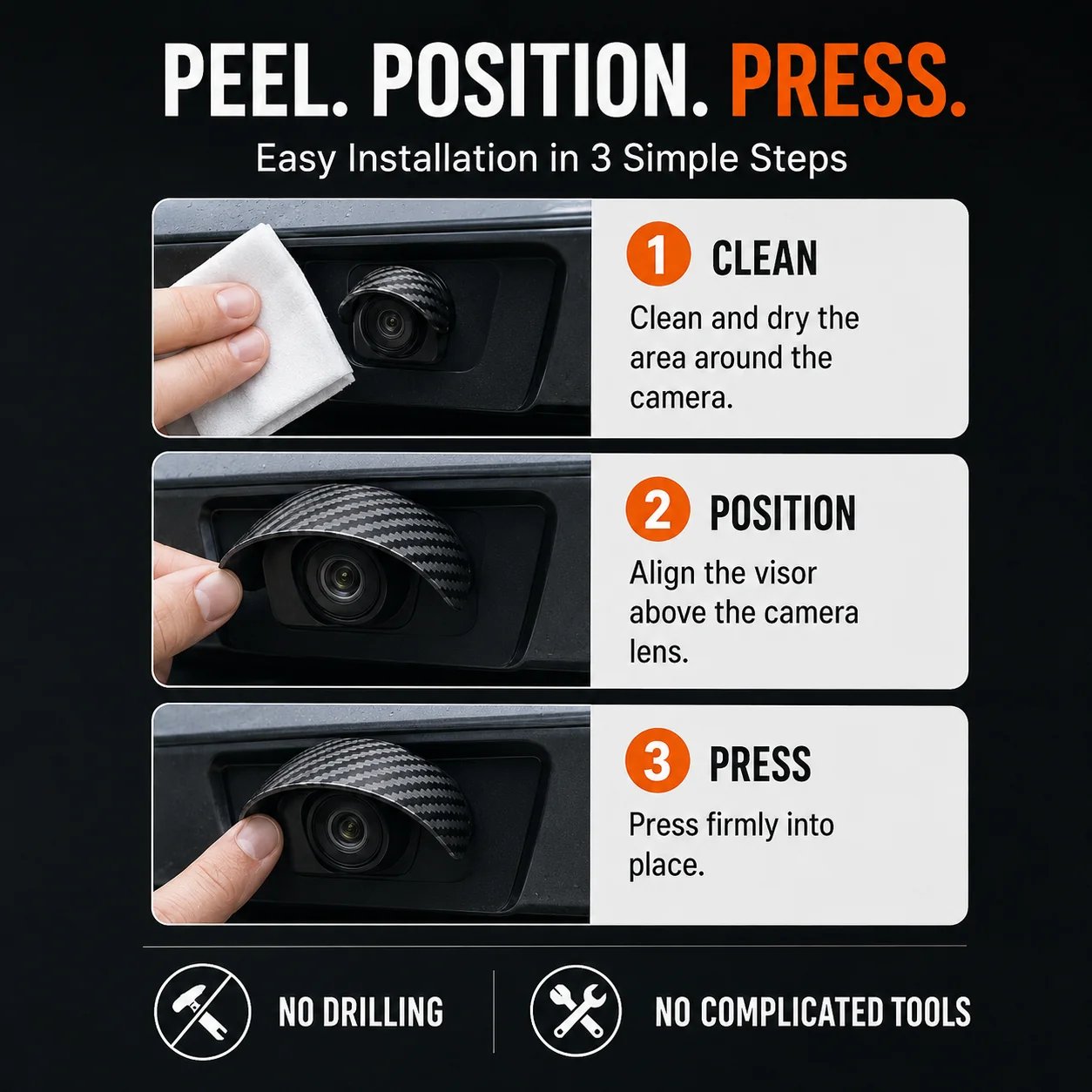 Car Backup Camera Rain Shield – Carbon Fiber Sun Visor, Protects Rear & Side Camera Lens from Rain & Glare