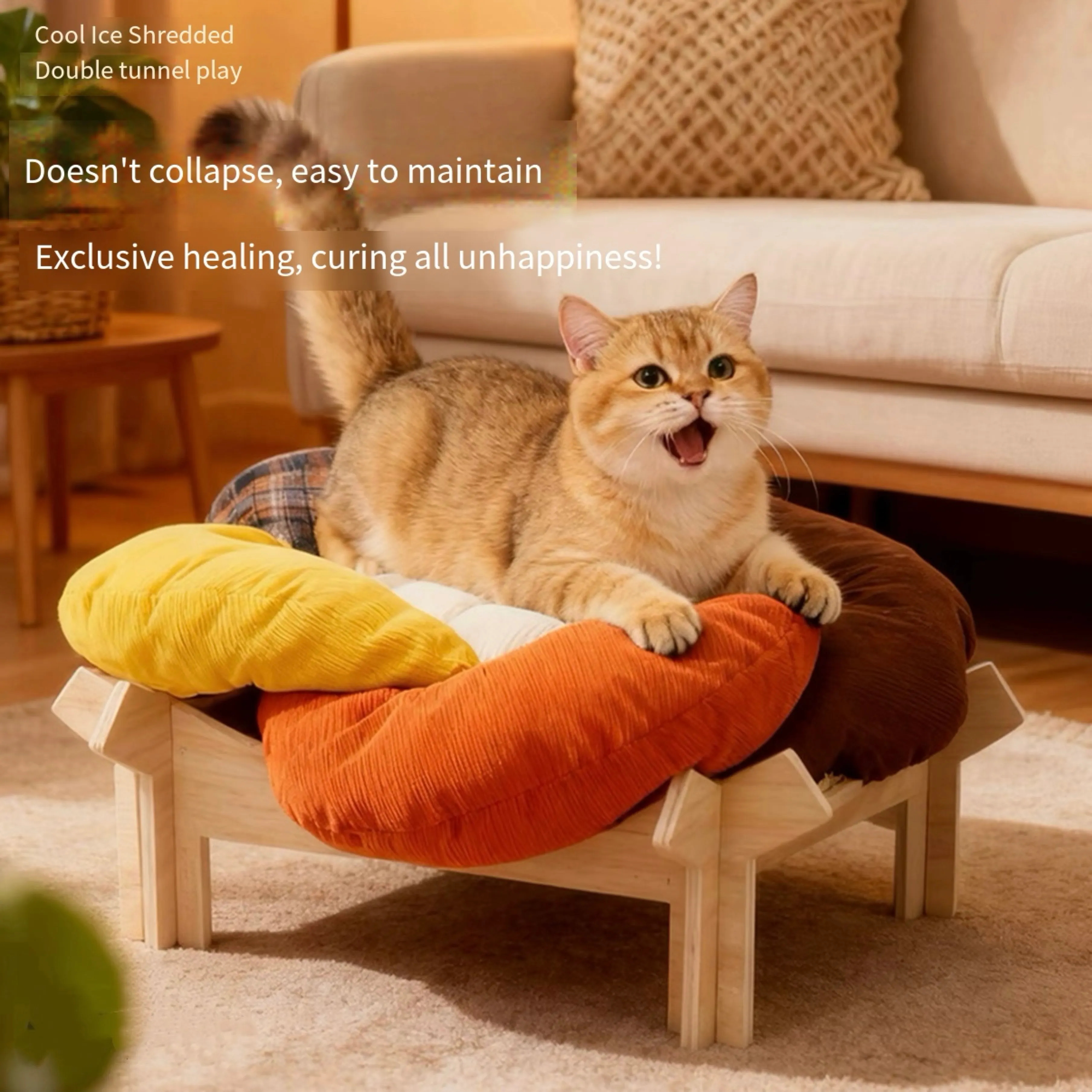 Modern Wooden Cat Bed with Soft Cushions – Stylish Flower Pet Lounge for Cats & Small Pets