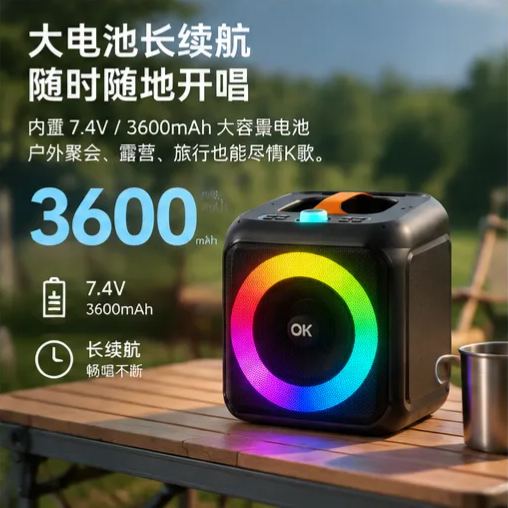 Blume-OK 系列蓝牙K歌音箱｜RGB炫彩灯光 · DSP音效 · 双无线麦克风｜家用OK音箱 / 拉杆大音箱可选