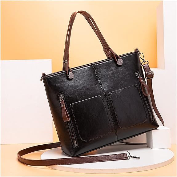 Ladies Retro Waxed PU Leather Double Pocket Handbag One Shoulder Diagonal Bag