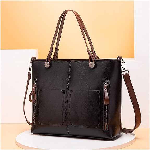 Ladies Retro Waxed PU Leather Double Pocket Handbag One Shoulder Diagonal Bag