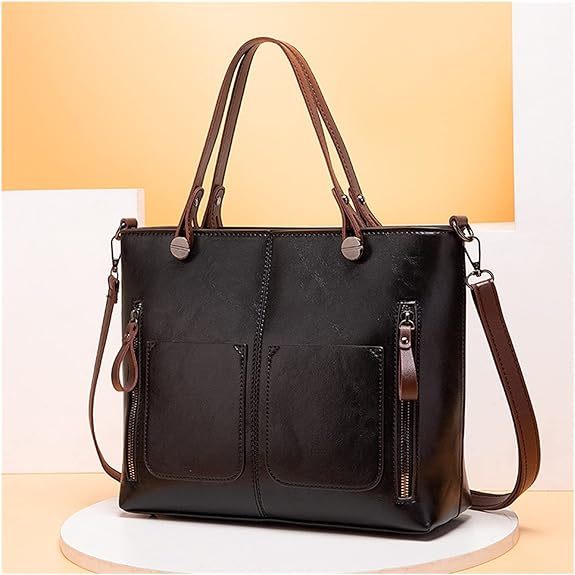 Ladies Retro Waxed PU Leather Double Pocket Handbag One Shoulder Diagonal Bag