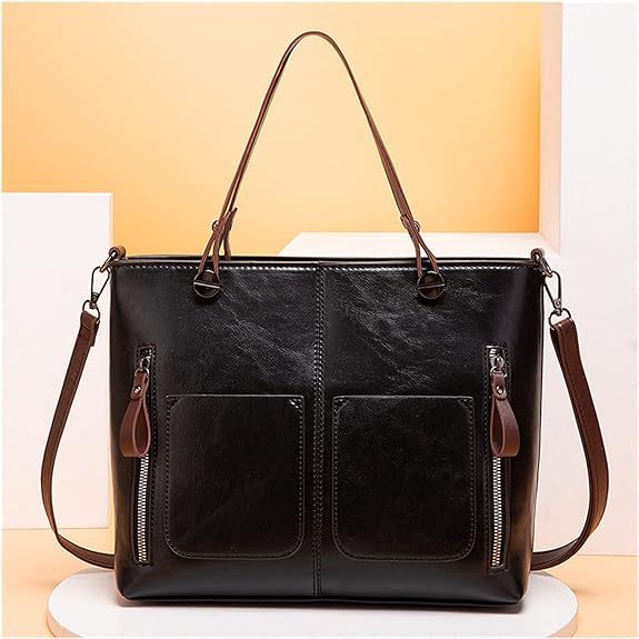 Ladies Retro Waxed PU Leather Double Pocket Handbag One Shoulder Diagonal Bag