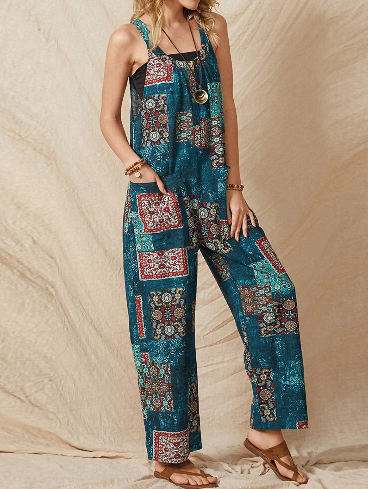 Casual Mixed Print Loose Straight Leg Cami Overalls
