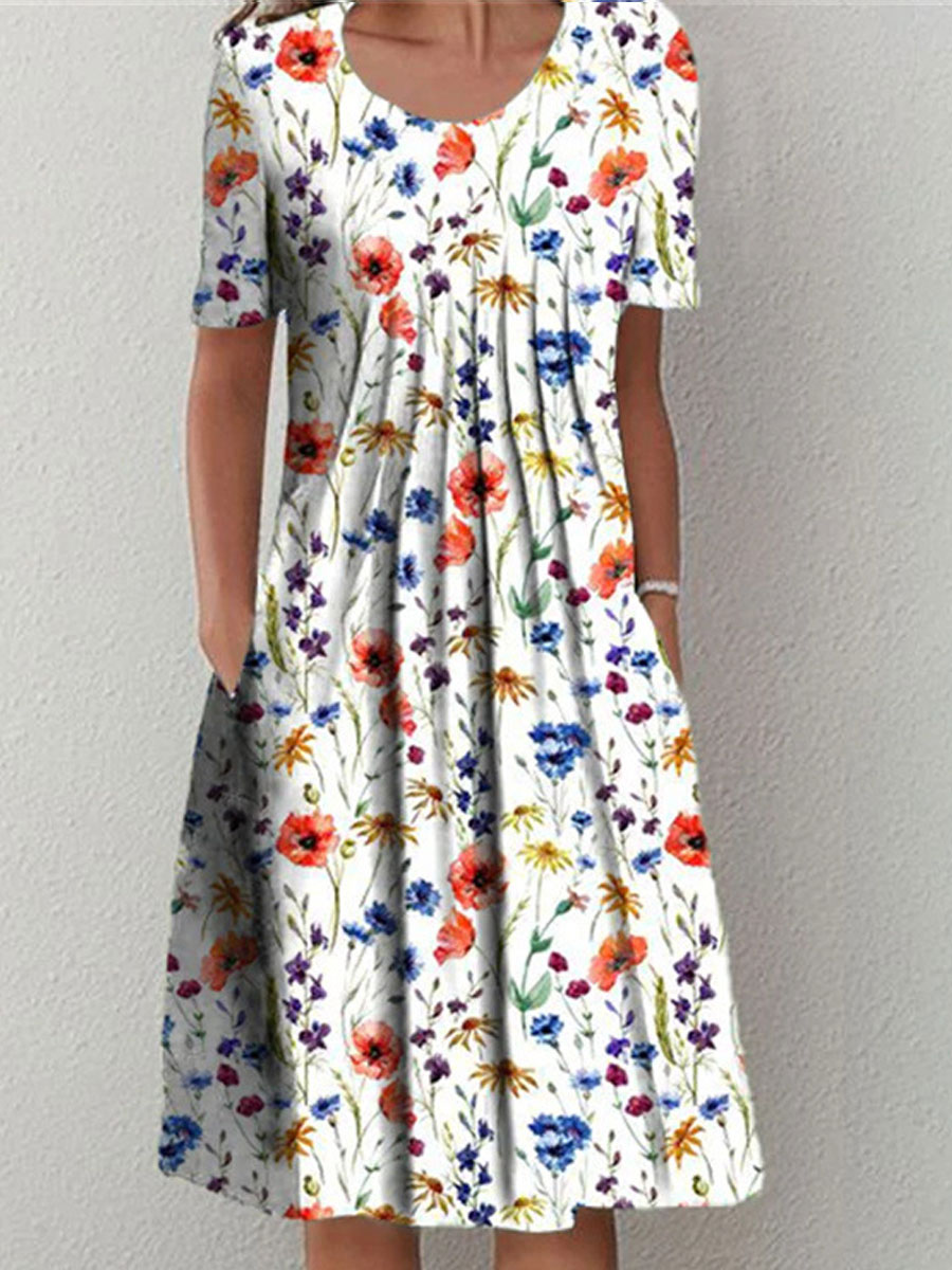 Round Neck Casual Loose Floral Print Short Sleeve Midi Dress