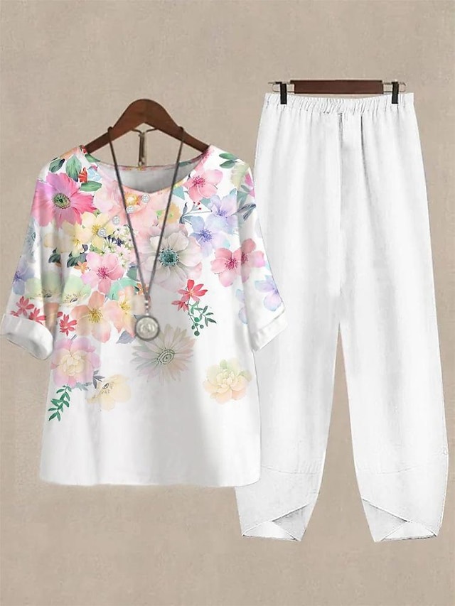 Women's Casual Loose Floral Print Two Piece Suit