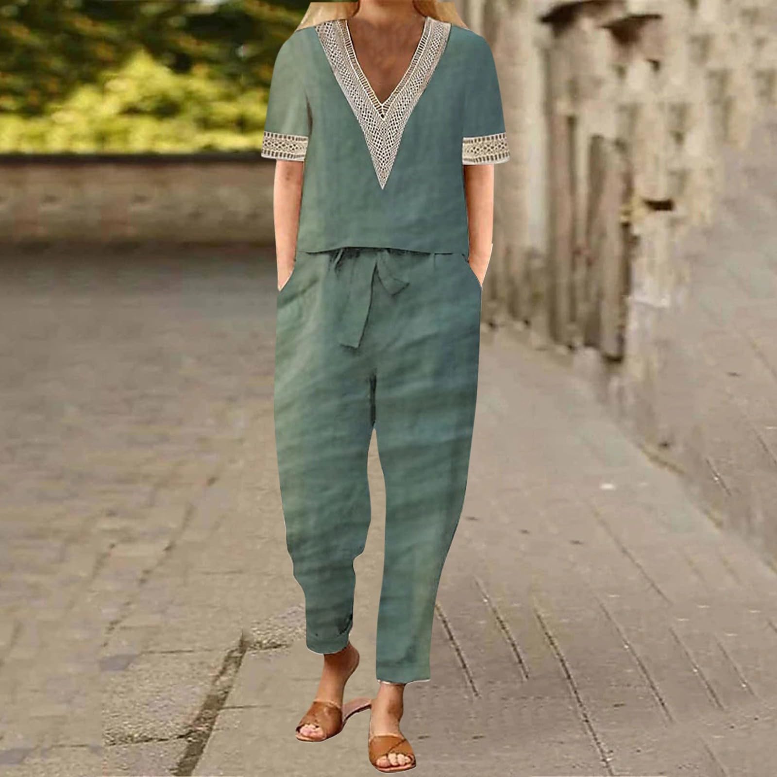 Women's 2 Piece Linen Set Short Sleeve V Neck Tops and Pants Casual Ma
