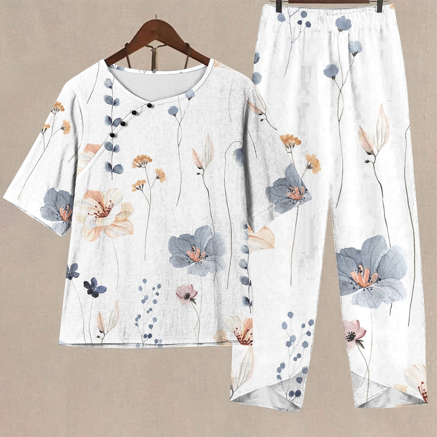 Women's Summer Casual Floral Print Round Neck Two Piece Suit