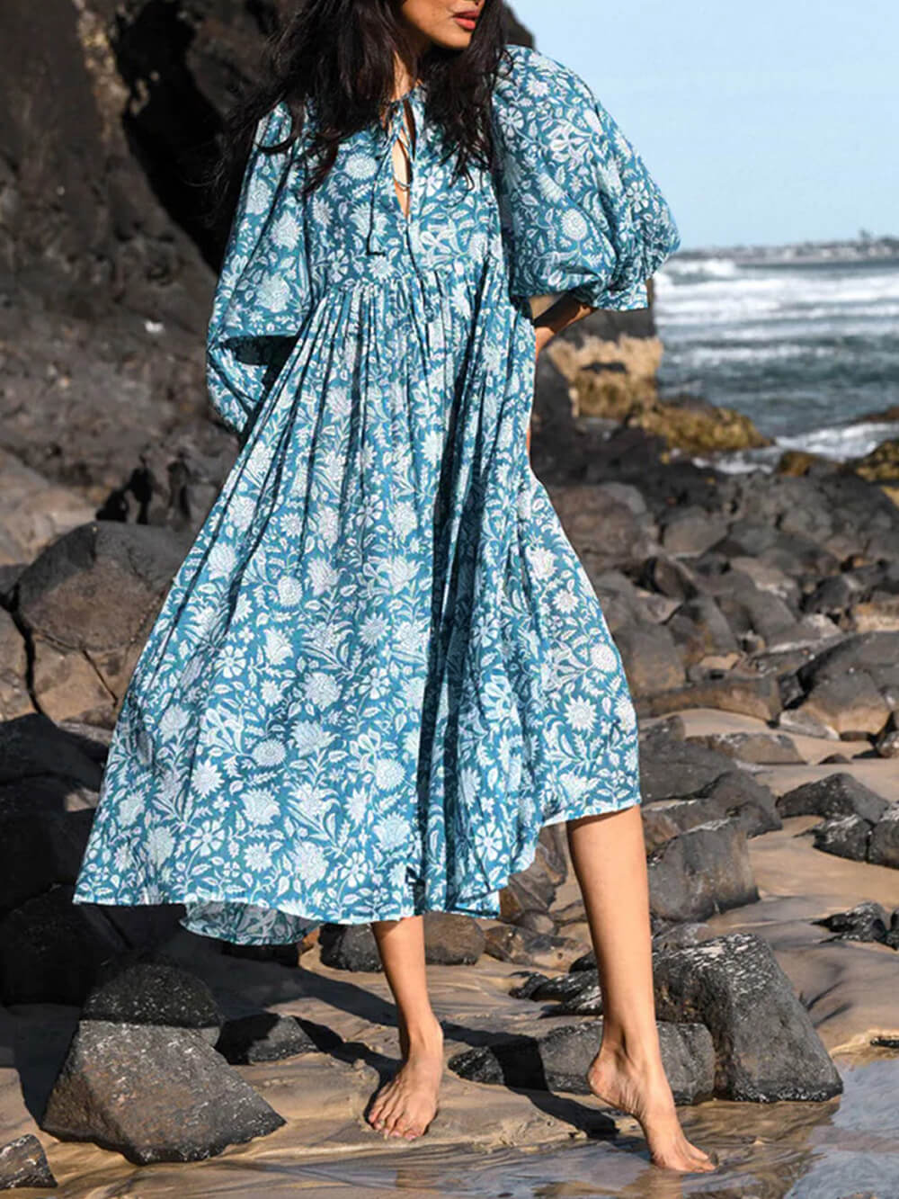 Floral Balloon Sleeve Midi Dress