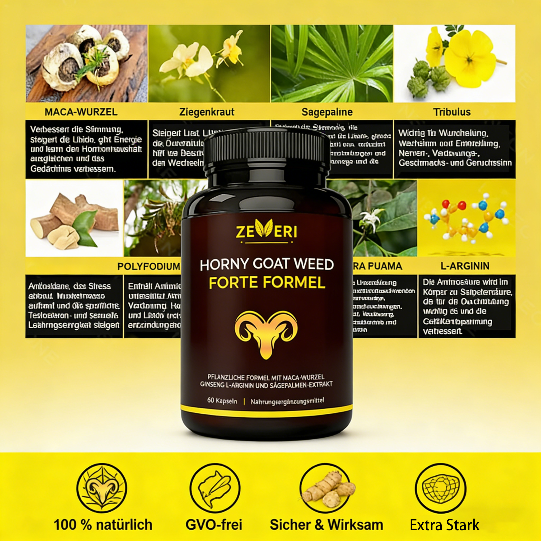 Zeveri Tongkat Ali- und Horny Goat Weed-Kapseln, 120 Kapseln, mit Maca, Ginseng und Tribulus. Pflanzliche Mischung zur Unterstützung von Energie, Ausdauer und Vitalität, für Männer, 2-Monats-Vorrat