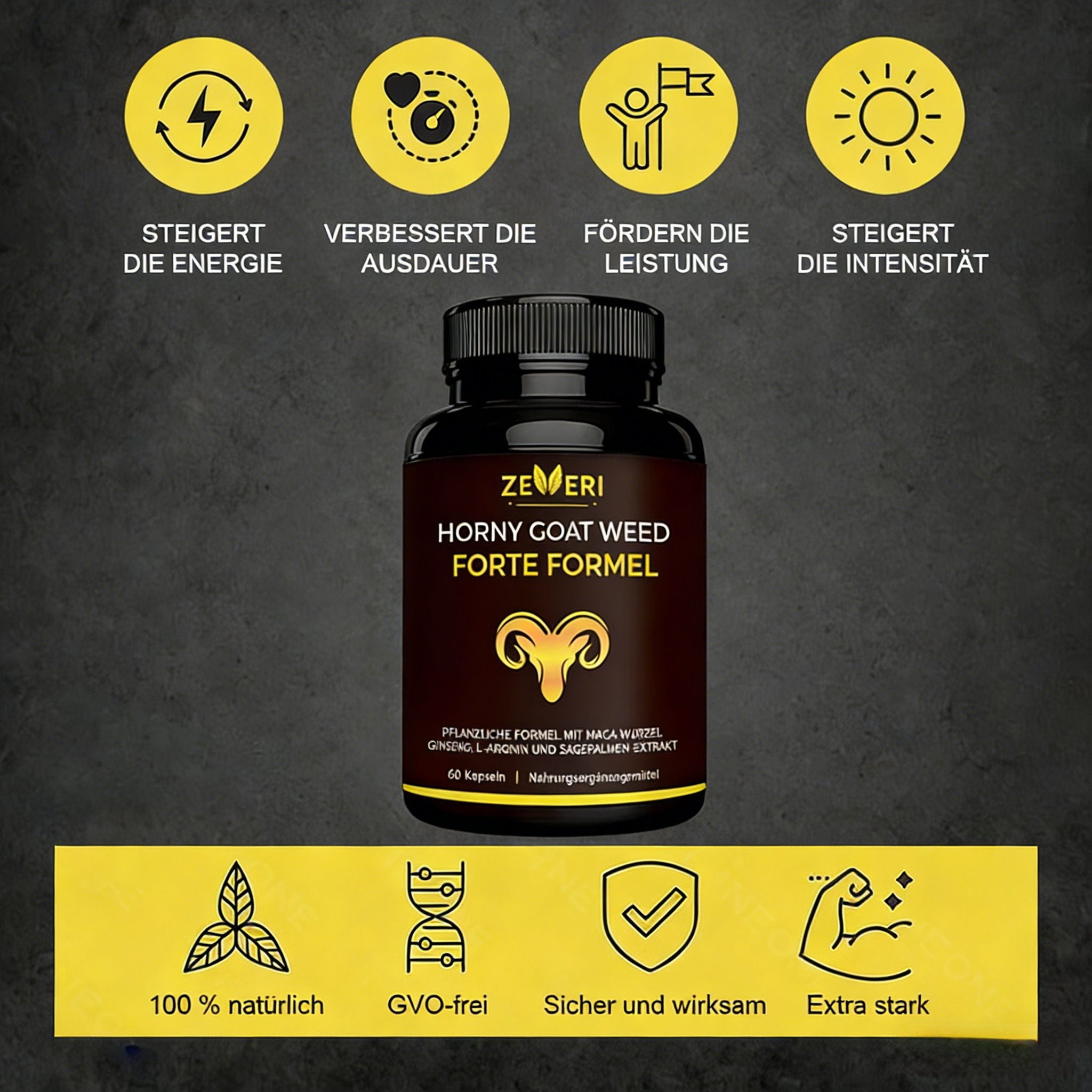 Zeveri Tongkat Ali- und Horny Goat Weed-Kapseln, 120 Kapseln, mit Maca, Ginseng und Tribulus. Pflanzliche Mischung zur Unterstützung von Energie, Ausdauer und Vitalität, für Männer, 2-Monats-Vorrat