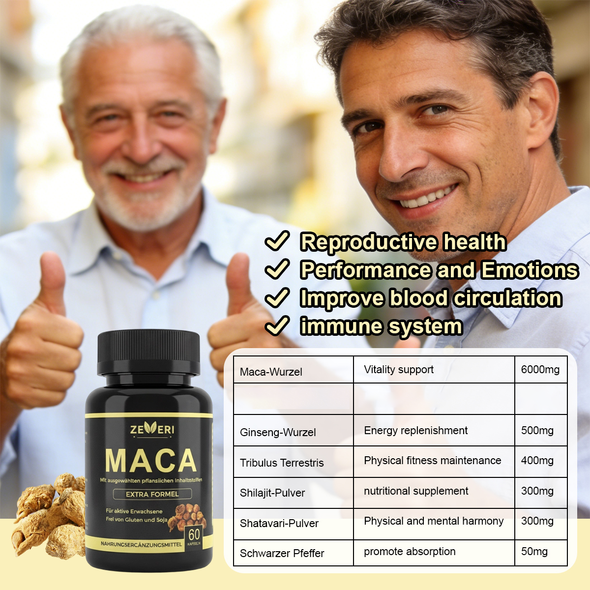 Zeveri Maca-Kapseln: Natürliche Formel für Männergesundheit und Energie mit 7 Inhaltsstoffen