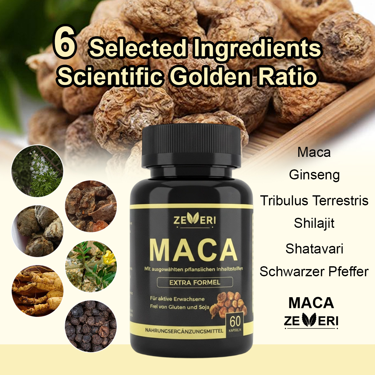Zeveri Maca- und Tongkat Ali-Kapseln, 120 Kapseln, mit Ginseng, Ashwagandha und Tribulus. Pflanzliche Formel zur Unterstützung von Energie und Vitalität, für aktive Männer, 2-Monats-Vorrat