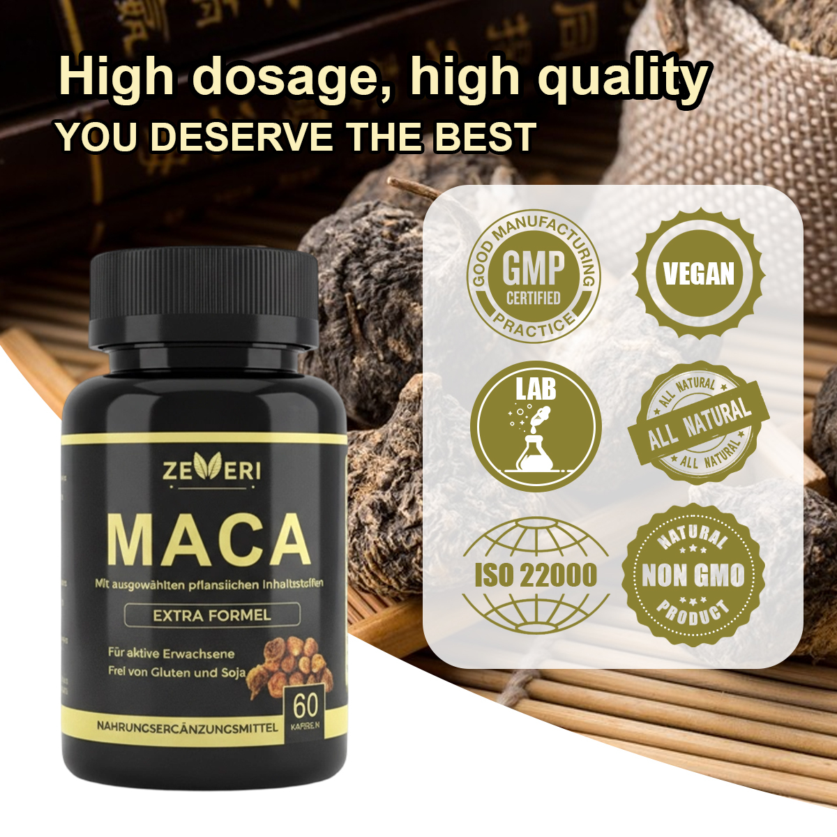 Zeveri Maca- und Horny Goat Weed-Kapseln, 120 Kapseln, enthalten Maca, Ginseng und Tribulus. Nahrungsergänzungsmittel für Männer, natürlicher Booster, steigert männliche Vitalität, 2-Monats-Vorrat