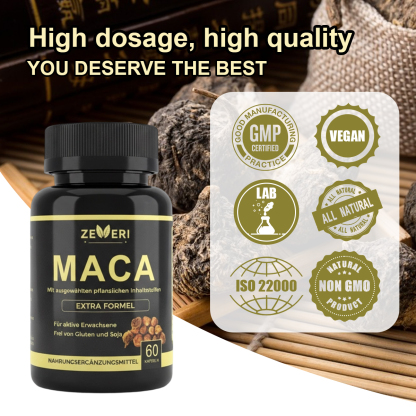 Zeveri Maca- und Horny Goat Weed-Kapseln, 120 Kapseln, enthalten Maca, Ginseng und Tribulus. Nahrungsergänzungsmittel für Männer, natürlicher Booster, steigert männliche Vitalität, 2-Monats-Vorrat