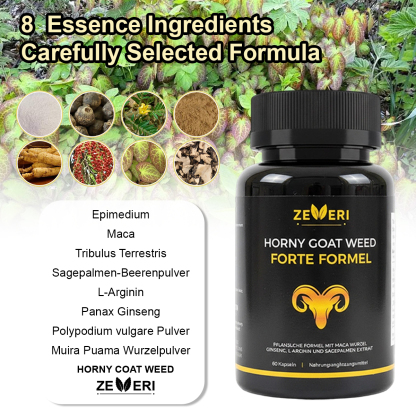 Zeveri Horny Goat Weed 1590 mg extra starke Mischung, 60 Kapseln, mit Maca, Arginin, Ginseng, Tribulus, Tongkat, Libido, Ausdauer, Energieunterstützung, gentechnikfreie Formel