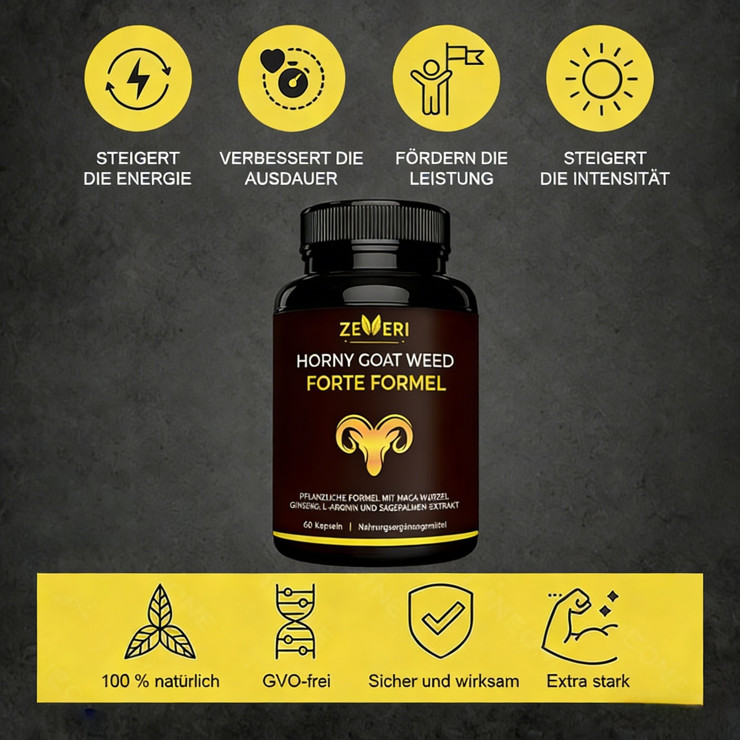 Zeveri Tongkat Ali- und Horny Goat Weed-Kapseln, 120 Kapseln, mit Maca, Ginseng und Tribulus. Pflanzliche Mischung zur Unterstützung von Energie, Ausdauer und Vitalität, für Männer, 2-Monats-Vorrat