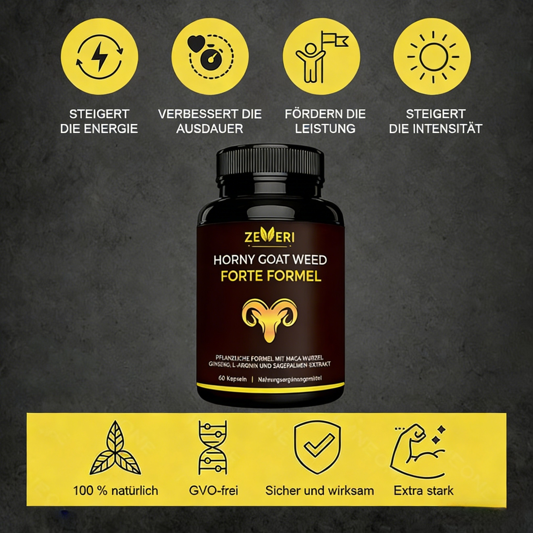 Zeveri Tongkat Ali- und Horny Goat Weed-Kapseln, 120 Kapseln, mit Maca, Ginseng und Tribulus. Pflanzliche Mischung zur Unterstützung von Energie, Ausdauer und Vitalität, für Männer, 2-Monats-Vorrat